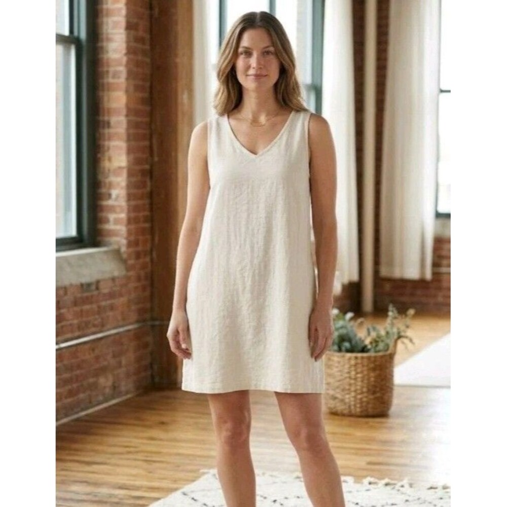 Flax White Mini Dress Size S Sleeveless 100% Linen  V Neck